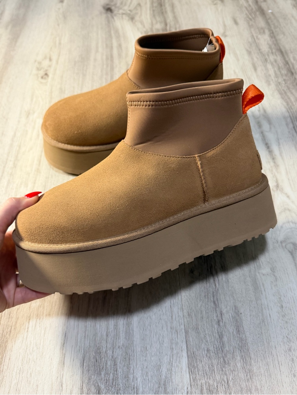 UGG Tan Platform Ankle Booties with Orange Pull Tab